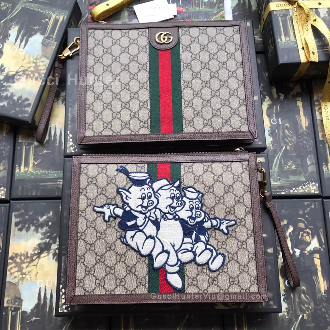 Gucci GG Supreme Pouch With Three Little Pigs Brown 557697